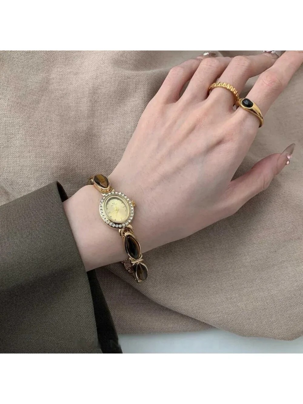 Women Diamond Brown Gold Analog Quartz Oval Dainty Vintage Bracelet Luxury Watch